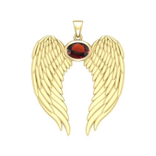 Guardian Angel Wings Gold Pendant with Oval Garnet Birthstone 