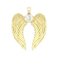 Guardian Angel Wings Gold Pendant with Oval Mother of Pearl Birthstone 