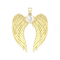 Guardian Angel Wings Gold Pendant with Oval Mother of Pearl Birthstone 