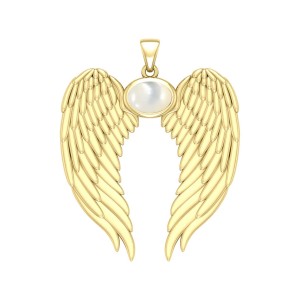 Guardian Angel Wings Gold Pendant with Oval Mother of Pearl Birthstone 