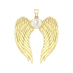 Guardian Angel Wings Gold Pendant with Oval Mother of Pearl Birthstone 