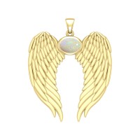 Guardian Angel Wings Gold Pendant with Oval Opal Birthstone 