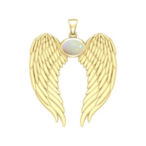 Guardian Angel Wings Gold Pendant with Oval Opal Birthstone 