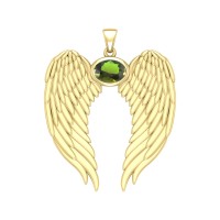 Guardian Angel Wings Gold Pendant with Oval Peridot Birthstone 
