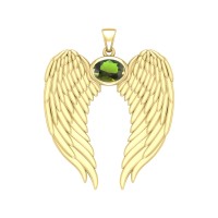 Guardian Angel Wings Gold Pendant with Oval Peridot Birthstone 