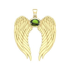 Guardian Angel Wings Gold Pendant with Oval Peridot Birthstone 