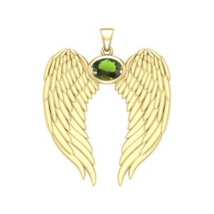 Guardian Angel Wings Gold Pendant with Oval Peridot Birthstone 