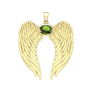 Guardian Angel Wings Gold Pendant with Oval Peridot Birthstone 