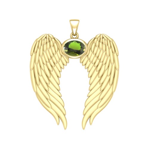 Guardian Angel Wings Gold Pendant with Oval Peridot Birthstone 