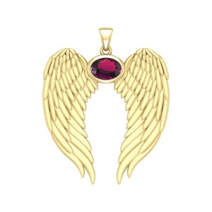 Guardian Angel Wings Gold Pendant with Oval Ruby Birthstone 