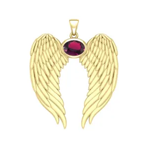 Guardian Angel Wings Gold Pendant with Oval Ruby Birthstone 