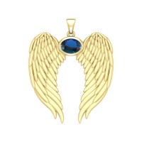 Guardian Angel Wings Gold Pendant with Oval Sapphire Birthstone 