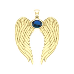 Guardian Angel Wings Gold Pendant with Oval Sapphire Birthstone 
