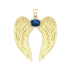 Guardian Angel Wings Gold Pendant with Oval Sapphire Birthstone 