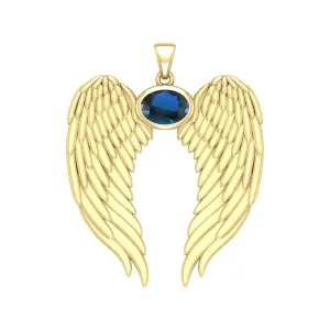 Guardian Angel Wings Gold Pendant with Oval Sapphire Birthstone 