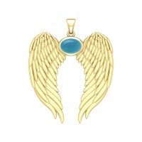 Guardian Angel Wings Gold Pendant with Oval Turquoise Birthstone 