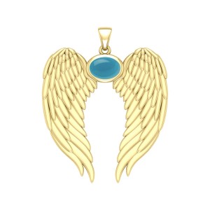 Guardian Angel Wings Gold Pendant with Oval Turquoise Birthstone 