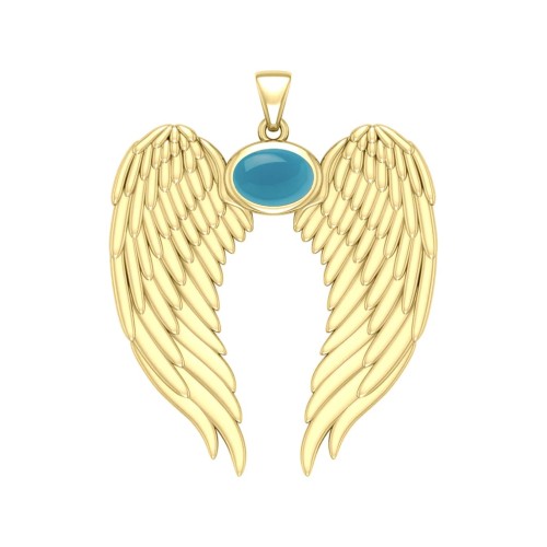 Guardian Angel Wings Gold Pendant with Oval Turquoise Birthstone 