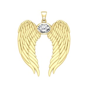 Guardian Angel Wings Gold Pendant with Oval White Cubic Zirconia Birthstone 