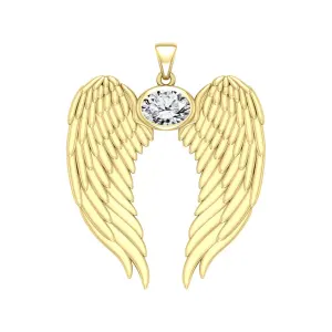 Guardian Angel Wings Gold Pendant with Oval White Cubic Zirconia Birthstone 