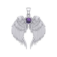 Guardian Angel Wings Silver Pendant with Amethyst Birthstone 