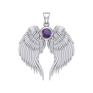 Guardian Angel Wings Silver Pendant with Amethyst Birthstone 