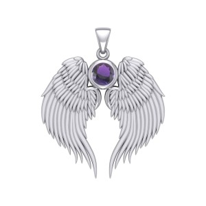 Guardian Angel Wings Silver Pendant with Amethyst Birthstone for February
