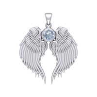 Guardian Angel Wings Silver Pendant with Aquamarine Birthstone 