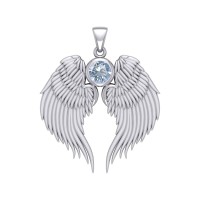 Guardian Angel Wings Silver Pendant with Aquamarine Birthstone 