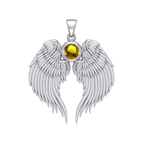 Guardian Angel Wings Silver Pendant with Citrine Birthstone 