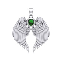 Guardian Angel Wings Silver Pendant with Emerald Birthstone 