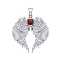 Guardian Angel Wings Silver Pendant with Garnet Birthstone 