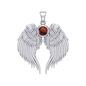 Guardian Angel Wings Silver Pendant with Garnet Birthstone 