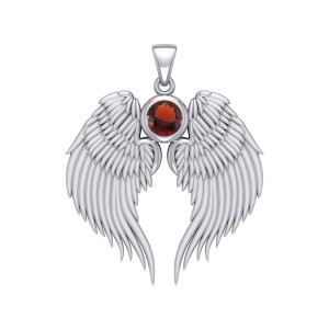 Guardian Angel Wings Silver Pendant with Garnet Birthstone for January