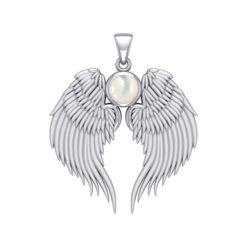Guardian Angel Wings Silver Pendant with Mother of Pearl Birthstone 