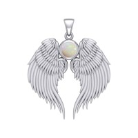 Guardian Angel Wings Silver Pendant with Opal Birthstone 