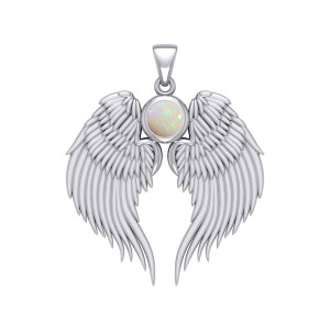 Guardian Angel Wings Silver Pendant with Opal Birthstone for October