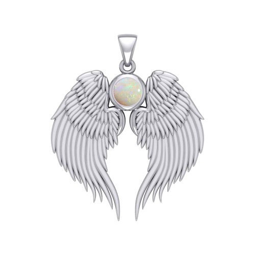 Guardian Angel Wings Silver Pendant with Opal Birthstone 