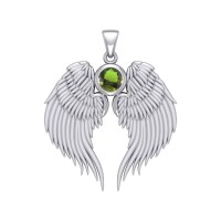 Guardian Angel Wings Silver Pendant with Peridot Birthstone 