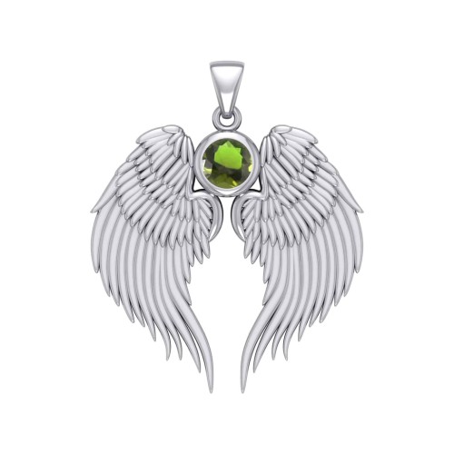 Guardian Angel Wings Silver Pendant with Peridot Birthstone 