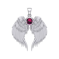 Guardian Angel Wings Silver Pendant with Ruby Birthstone for July