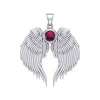 Guardian Angel Wings Silver Pendant with Ruby Birthstone 