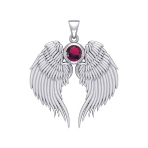 Guardian Angel Wings Silver Pendant with Ruby Birthstone for July