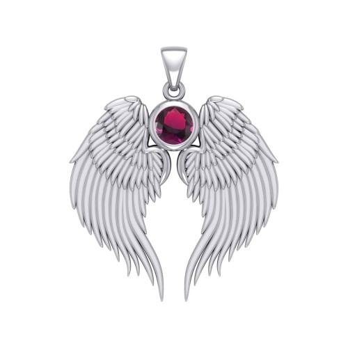 Guardian Angel Wings Silver Pendant with Ruby Birthstone 