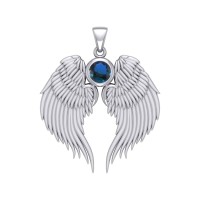 Guardian Angel Wings Silver Pendant with Sapphire Birthstone 