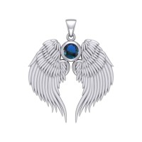 Guardian Angel Wings Silver Pendant with Sapphire Birthstone for September