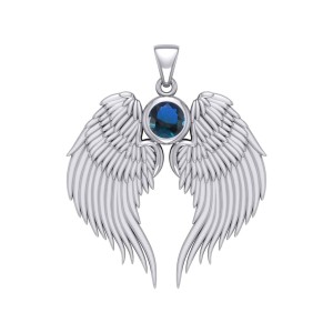 Guardian Angel Wings Silver Pendant with Sapphire Birthstone 