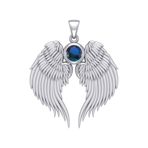 Guardian Angel Wings Silver Pendant with Sapphire Birthstone 