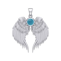 Guardian Angel Wings Silver Pendant with Turquoise Birthstone for December