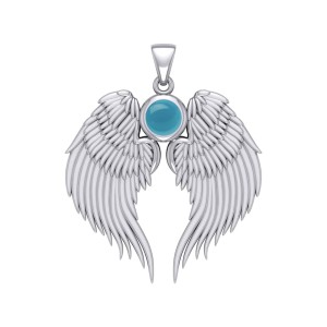 Guardian Angel Wings Silver Pendant with Turquoise Birthstone 